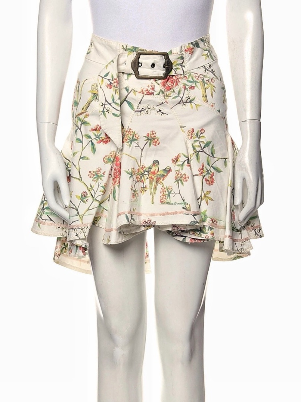 Just Cavalli Cream Floral Bird Print Tiered Cute Mini Skirt with Belt 4